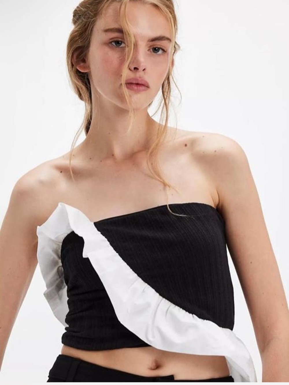 Free People Black Strapless Crop Top with White Ruffle NWOT